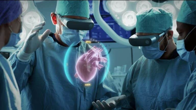 A group of surgeons are looking at a virtual heart.