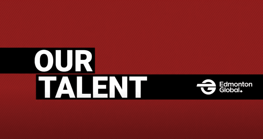 Our talent logo on a red background.