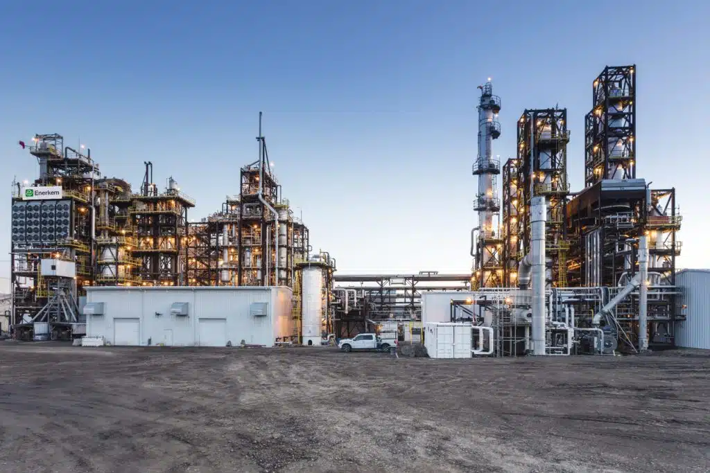 A large oil refinery at dusk.