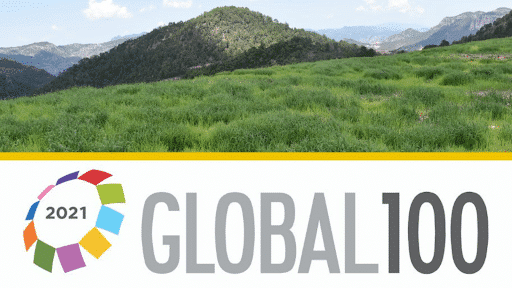The global 100 logo with grass and mountains in the background.