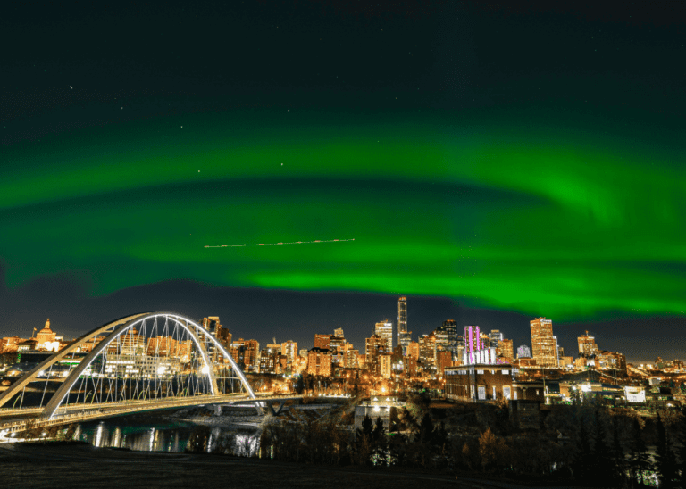 Edmonton's aurora bore over the city skyline.