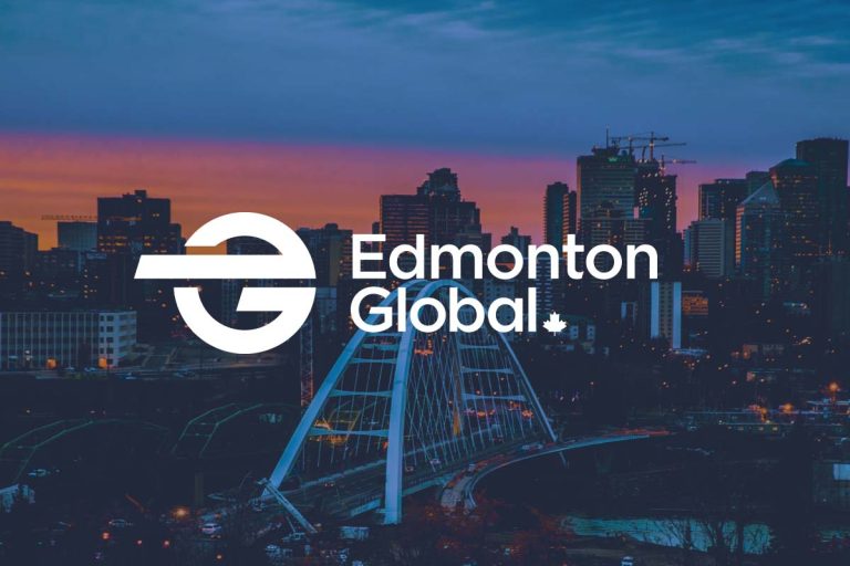 Edmonton global logo with a city skyline in the background.