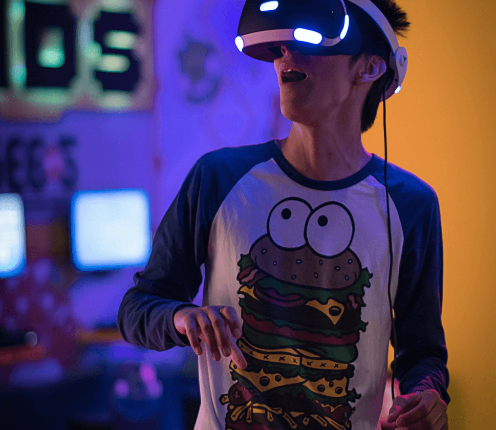 A person wearing a VR (virtual reality) headset.