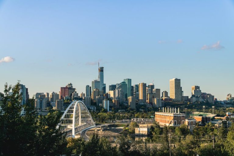 Edmonton's skyline seen from a park.
