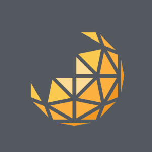 A logo of a yellow sphere on a gray background.