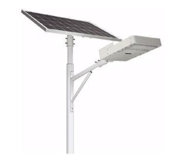 A solar powered street light on a white background.