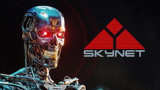 The skynet logo with a robot in front of it.