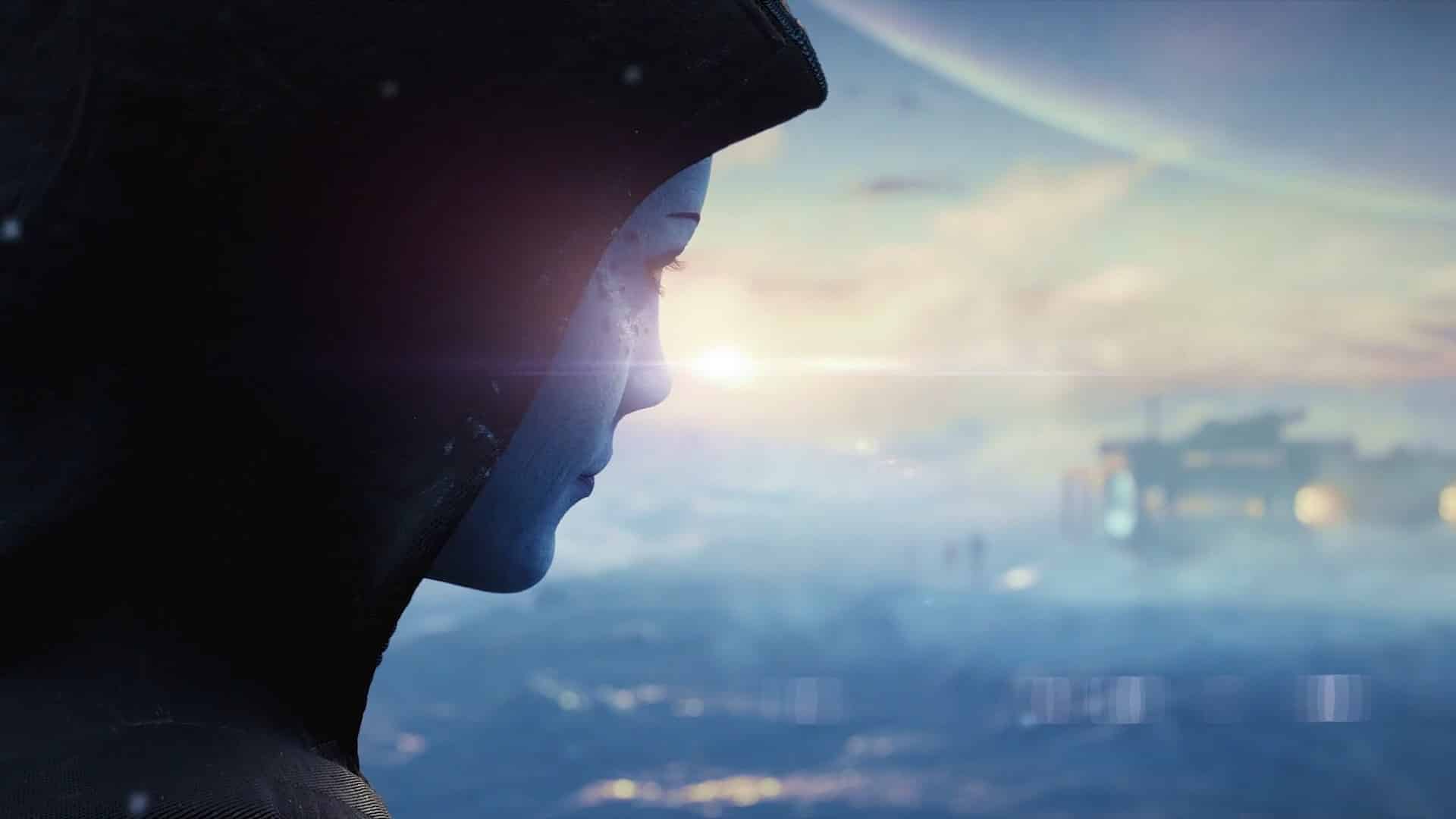 A woman in a hood looking at a planet.