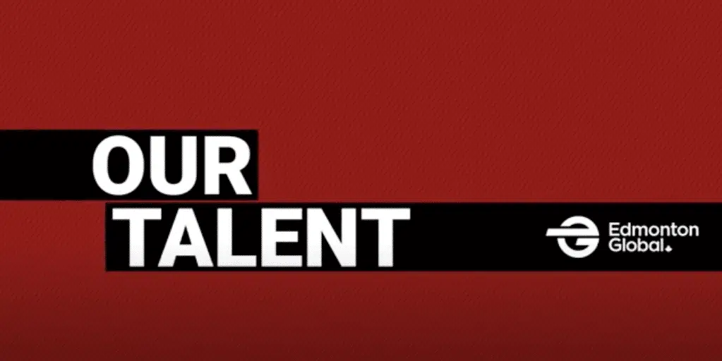 A red background with white text that reads our talent.