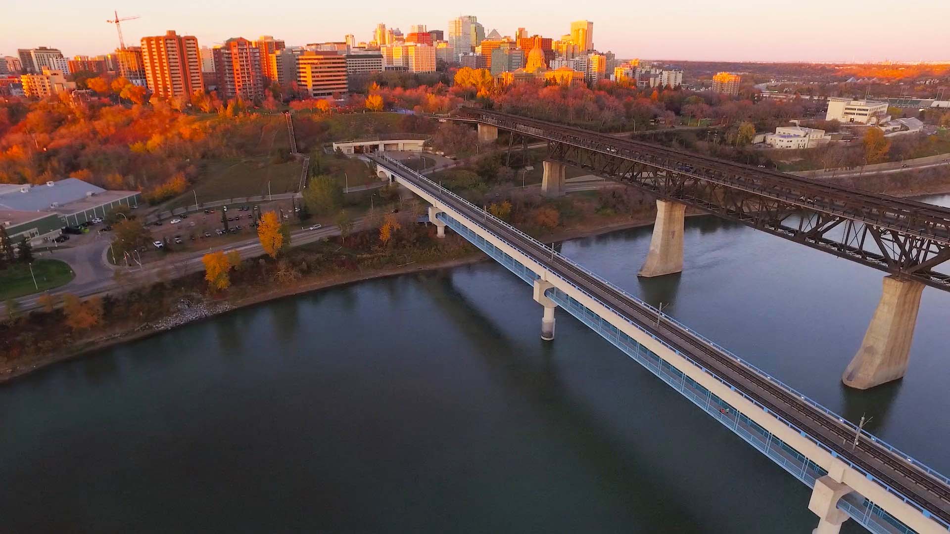 An aerial view of a bridge over a river in edmonton.