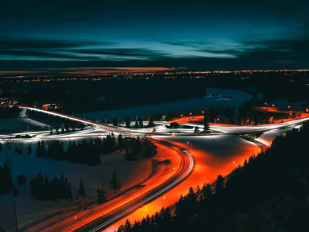 A road with lights on it.