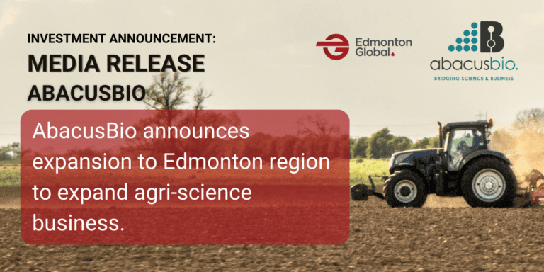 A tractor in a field with the words abacus announces region expansion to expand edmonton's agricultural business.